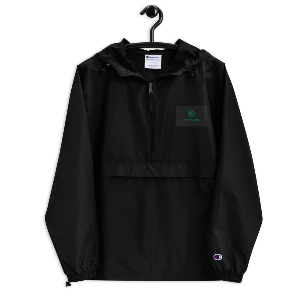In My Zone Green Print Black Embroidered Champion Packable Jacket